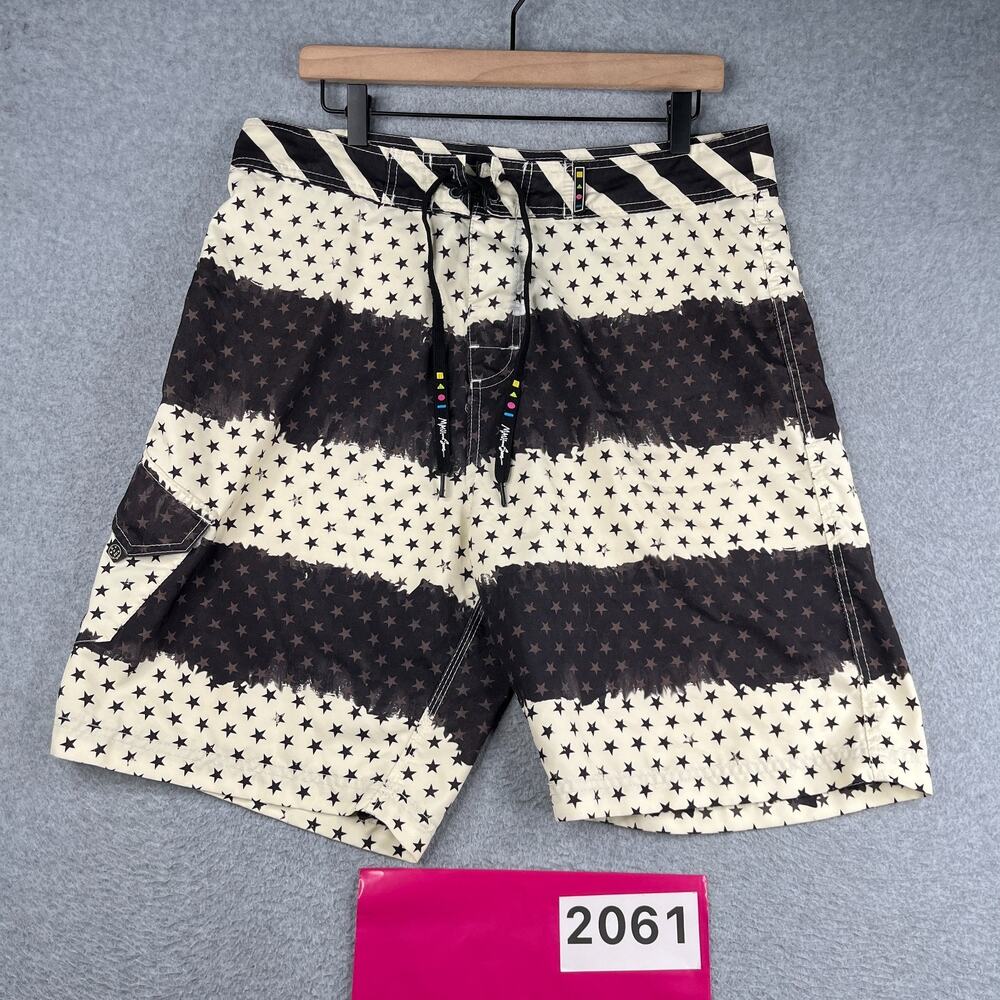 Maui And Sons Swim Trunks Mens Size 34 White Black Striped Stars Board Shorts